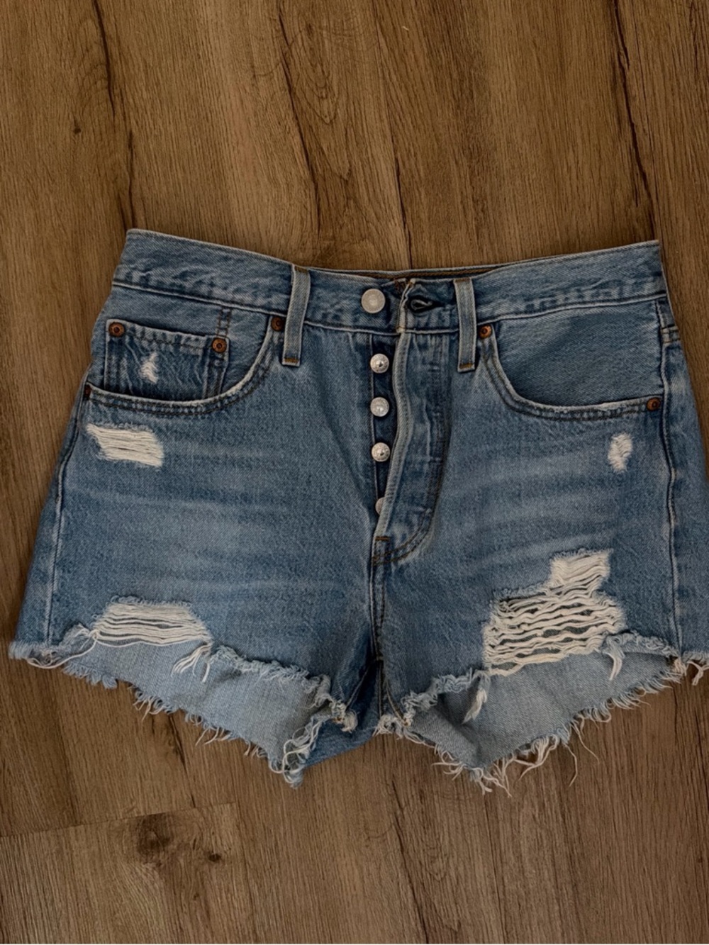 Levi's Light Blue Distressed Button-Fly Denim Shorts